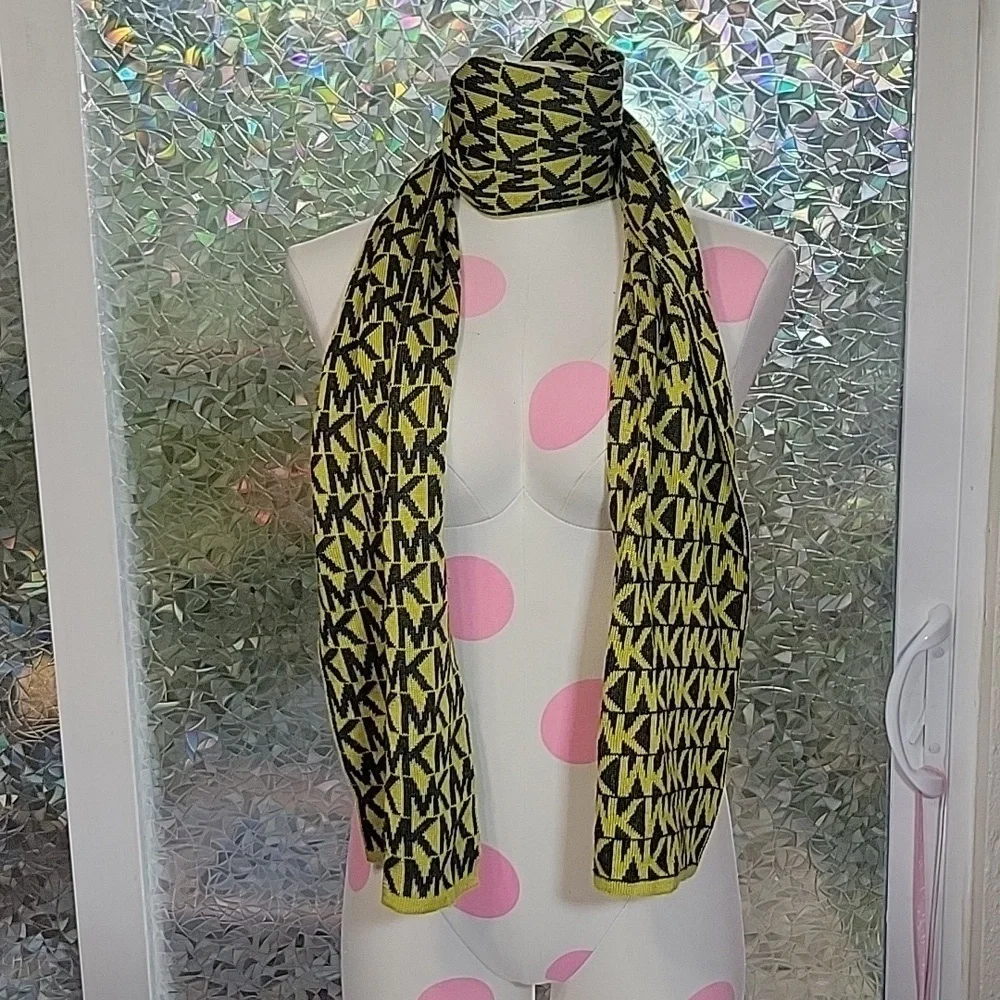 Michael Kors MK Monogram Grey & Lime/ Neon Green Knit Scarf
